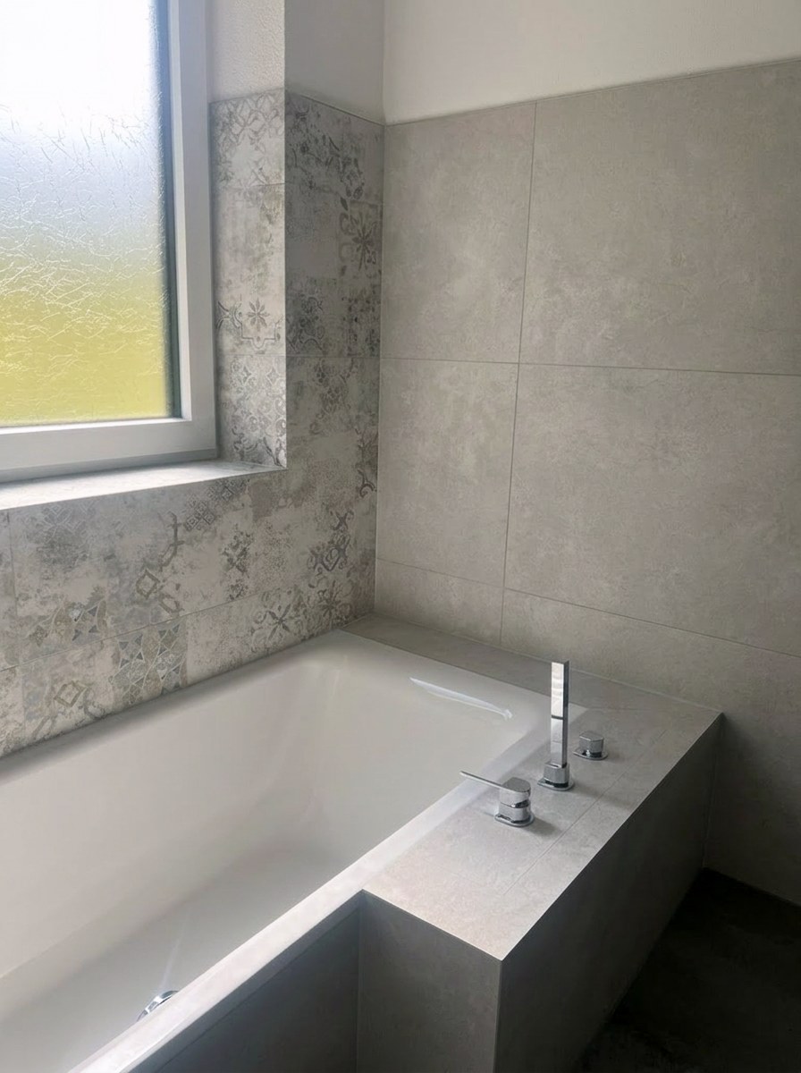 Badewanne mit Zementfliesen-Akzent am Fenster