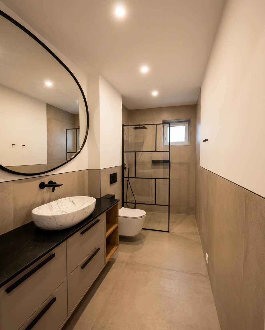 Badezimmer Gesamtansicht mit Waschtisch und Dusche